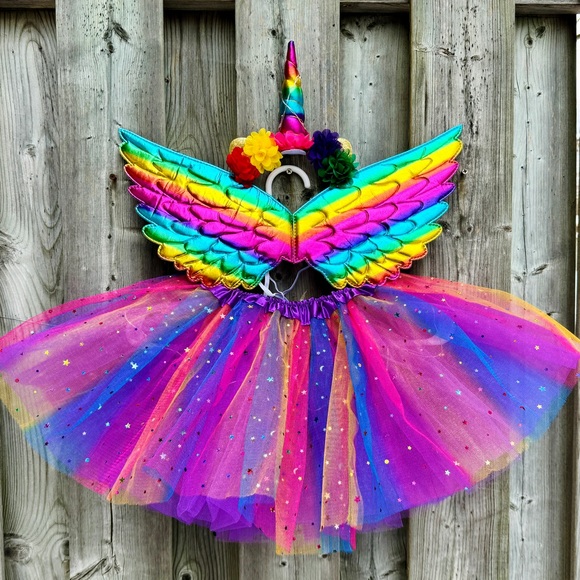 NEW 3PCS SET LED Unicorn Rainbow Sparkle 4 Layer Tutu Hairband Wings - Picture 5 of 8